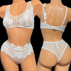 Victoria’s Secret Dream Angels Mesh Floral Appliqué bralette L & panty M White